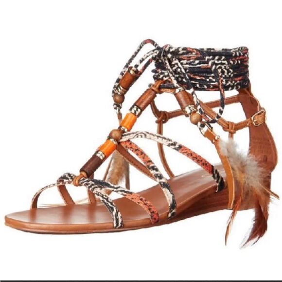 Sz8 ALDO lace up/leg wrap Ninna festival feather flat sandals/boho sexy - Picture 2 of 4